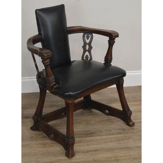 High Quality American Made Carved Oak Armchair with Black Naugahyde Upholstery