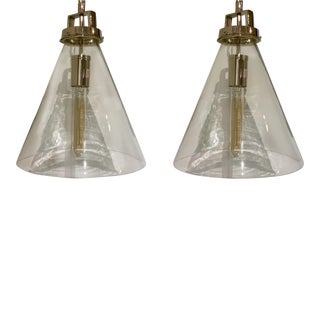 Currey & Co. Modern Clear Glass Vitrine Pendants Pair For Sale