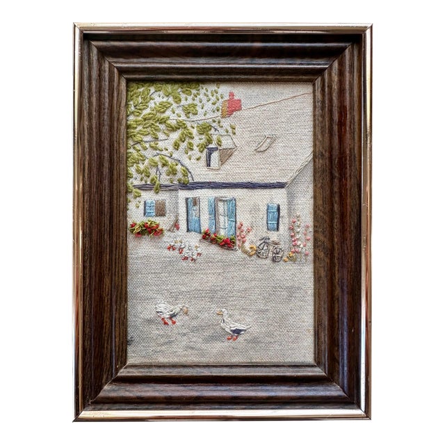Vintage Framed Embroidered Cottage Textile For Sale