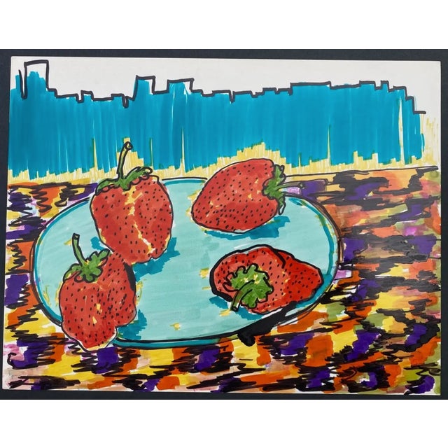 Alexandra Merker (1920-2009) acrylic and marker still life painting of fruit on a plate; estate stamp on back. Combined...