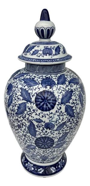 Late 20th Century Blue & White Floral Lidded Ginger Jar