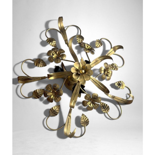Mid 20th Century Vintage Italian Florentine Style Gilt Wrought Iron Flush Mount Ceiling Light For Sale - Image 5 of 18