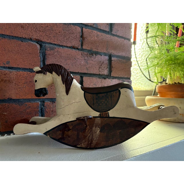 Wood Vintage Wooden Rocking Horse – Hand Painted Folk Art Decor, 13” Length For Sale - Image 7 of 12