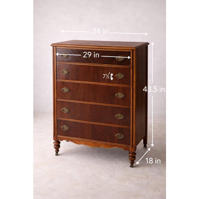 Antique Victorian Chevron Veneer Tall Chest, Circa 1890s – Original Pulls & Turned Legs Full Description An elegant late...