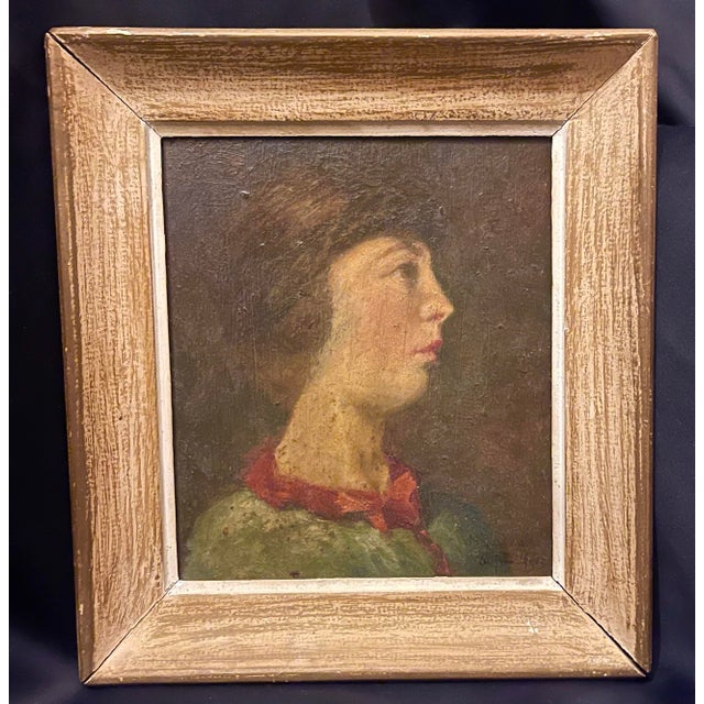 Portrait of a young man in profile, oil on wood, 1919, signed Ruteau This painting depicts a young man painted in profile...