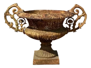 Late 20th Century French Victorian Large Cast Iron Campana Urn Planter W/ Handles