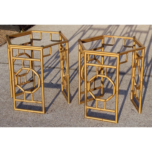 Gold Vintage Hollywood Regency Gold Gilt Metal Chinoiserie Side Tables – Pair For Sale - Image 8 of 15