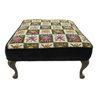 70's Mid-Century Modern Black Velvet and Brass Footstool For Sale