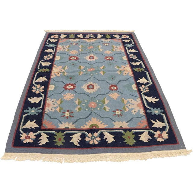 French Country Vintage Romanian Floral Kilim Rug, 03'11 X 05'10 For Sale - Image 3 of 9