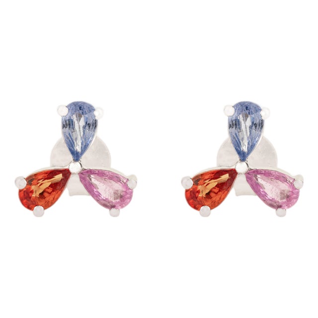 Contemporary Style Solid Silver Multi Sapphire Petal Stud Earrings- A Pair For Sale