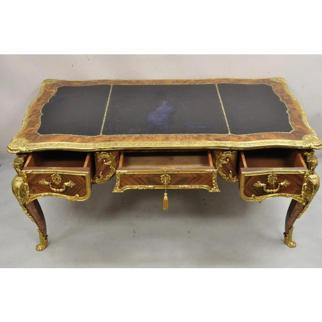 Late 20th Century French Louis XV Style Figural Bronze Ormolu Leather Top Bureau Plat Writing Desk For Sale - Image 4 of 12