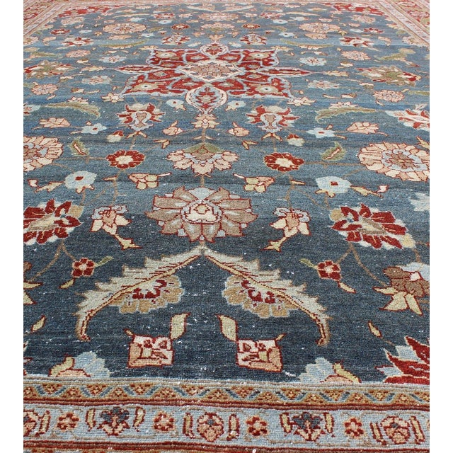 Textile Antique Persian Tabriz Rug With Floral Medallion Design in Steel Blue & Red 6'10 X 9'10 For Sale - Image 7 of 12