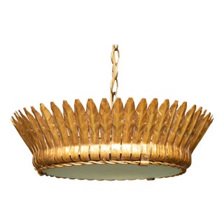 Vintage Spanish Gilt Metal Crown Chandelier with Frosted Glass and Leaf Motifs For Sale