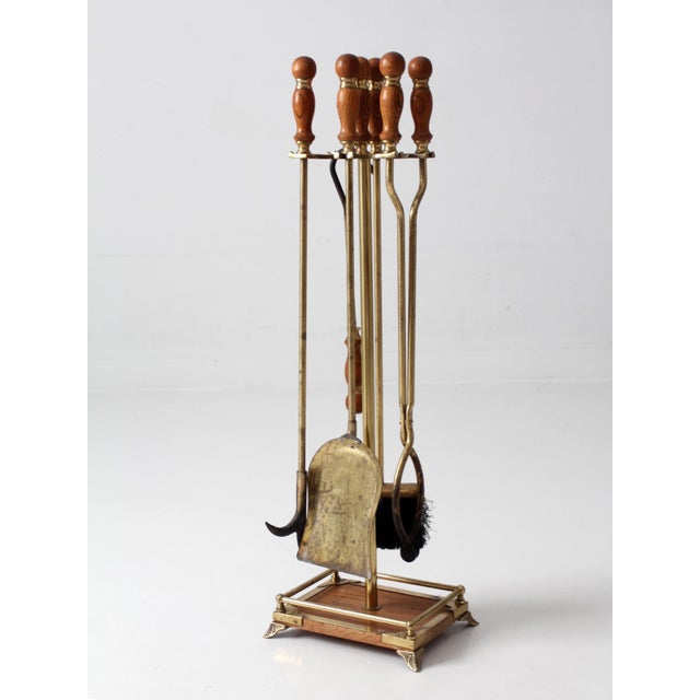 Vintage Hollywood Regency Brass Fireplace Tools Set With Wood Handles For Sale - Image 9 of 18