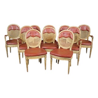 Set of 10 French Louis XVI Creme Painted and Genuine Leather Cane Dining Chairs For Sale
