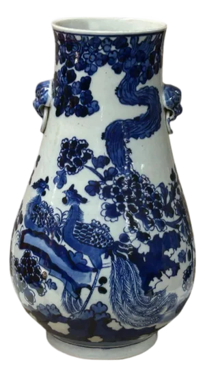 Oriental Floral Phoenix Blue White Porcelain Art Vase