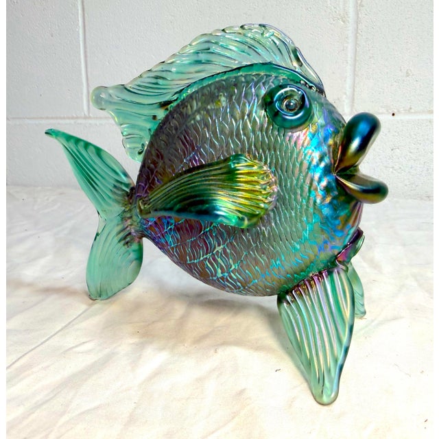 Figurative Vintage Hand Blown David Tate Studio Glass Iridescent Green Gold Fish Sculpture For Sale - Image 3 of 15