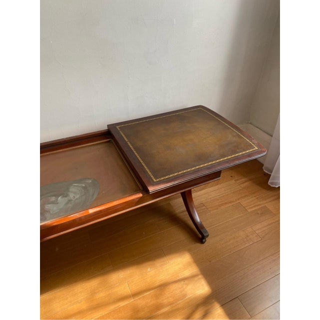 Animal Skin Antique Leather Top Coffee Card Game Extandable Table With Copper Tray For Sale - Image 7 of 10