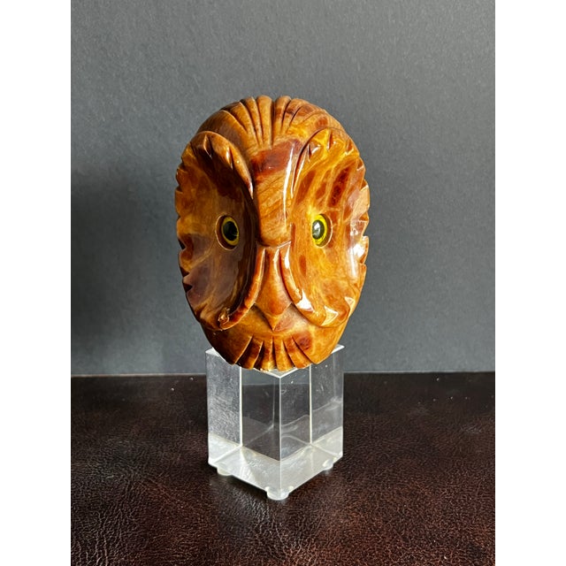 Brown Vintage MCM Carved Alabaster Owl on Lucite Stand For Sale - Image 8 of 12
