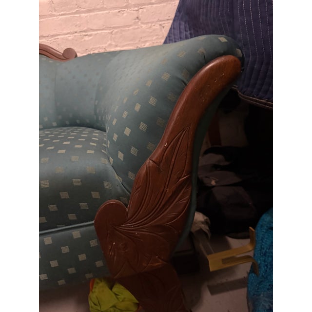 Teal Victorian Carved Walnut Loveseat With Brass Castors | Circa 1860s–1890s For Sale - Image 8 of 8