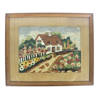 Vintage Framed Crewel Embroidery Art Cottage and Flowers For Sale