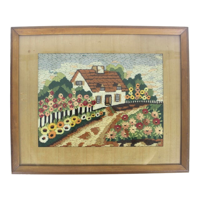 Vintage Framed Crewel Embroidery Art Cottage and Flowers For Sale
