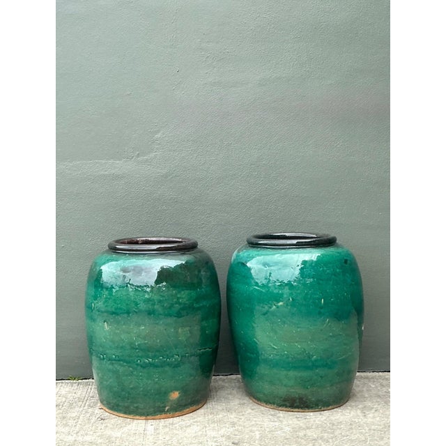 Vintage Green Glazed Earthenware Vessels - A Pair For Sale - Image 13 of 18