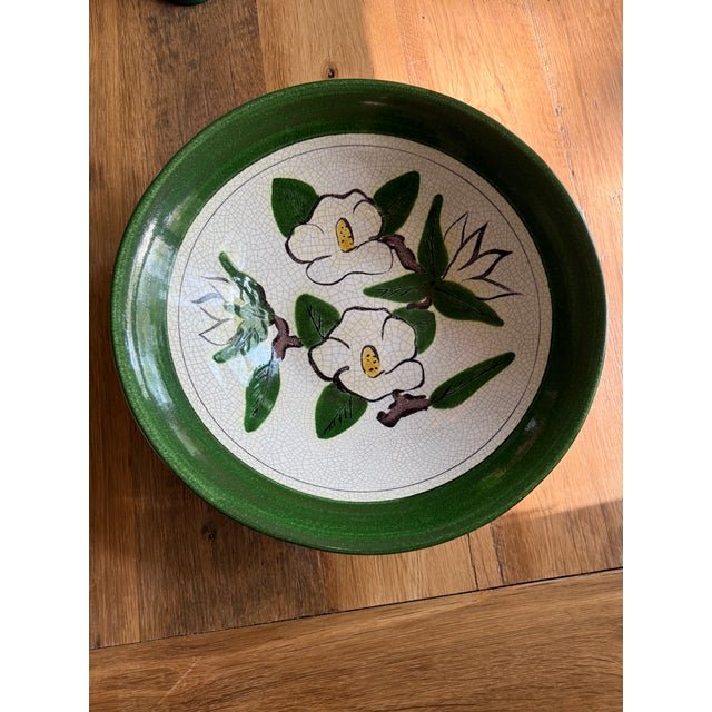 Green 1950s Majolica Large Serving Bowl Hartman Studios of Los Angeles, California Magnolia For Sale - Image 8 of 9