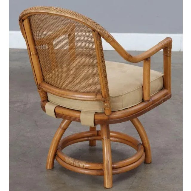 Vintage Bent Rattan Woven Reed Mesh Back Swivel Arm Chair With Removable Suede Cushion and Accent Pillow For Sale In Lexington, KY - Image 6 of 8