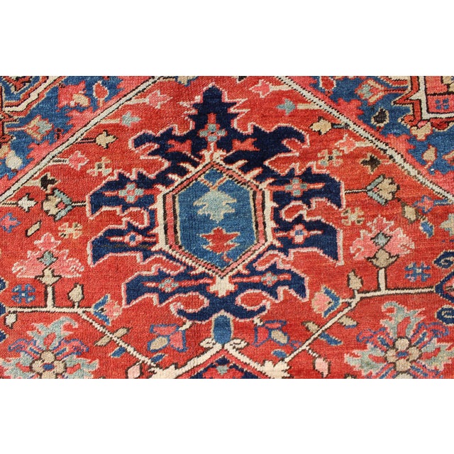 Navy Blue Antique Persian Serapi Rug With Geometric Central Medallion and Colorful Design 10' X 12' For Sale - Image 8 of 12