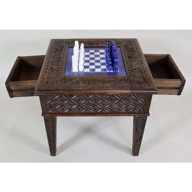 Chess Table with Chess Pieces in Handcarved Cedar, 1990s, Set of 17 For Sale - Image 3 of 11