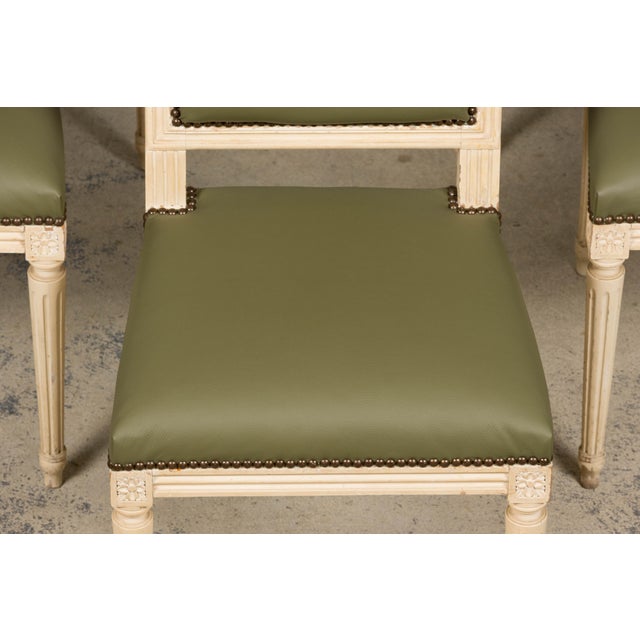 Antique French Louis XVI Style Painted Dining Chairs in Olive Green Leather - Set of 8 For Sale - Image 4 of 18
