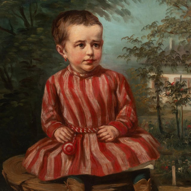 Original oil on canvas painting of young girl in bright red dress sitting on tree stump. Signature and date in upper right...