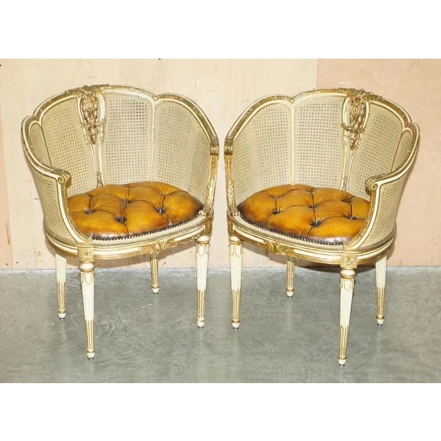 Pair of Antique circa 1880-1900 French Louis XVIII style Fauteuils Bergère armchairs with hand dyed cigar brown leather...