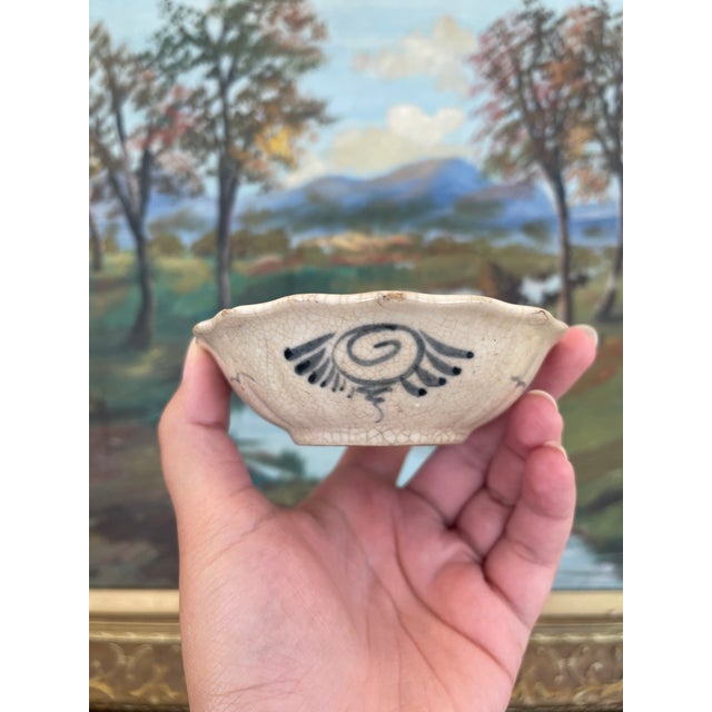 Folk Art Vintage Vietnamese Ceramic Tea Bowl With Hand-Painted Dragonfly and Botanical Motif. For Sale - Image 3 of 9
