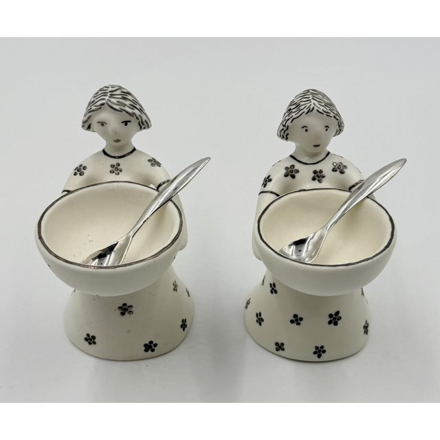 Emilia Castillo 1990s Emilia Castillo "The Couple" Bisque Porcelain Salt Cellars & Sterling Spoons Set - 4 pcs For Sale - Image 4 of 18