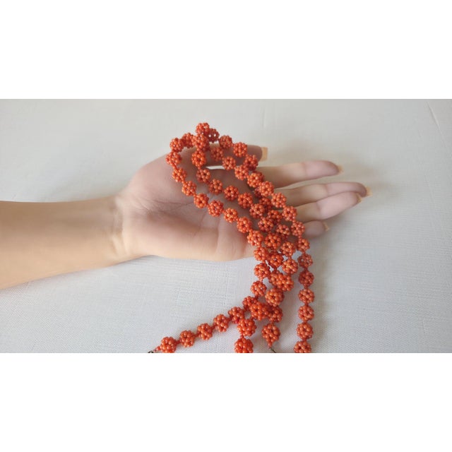 Antique Salmon Coral Beaded Necklace, 12k White Gold Clasp, 31.5" For Sale - Image 9 of 10