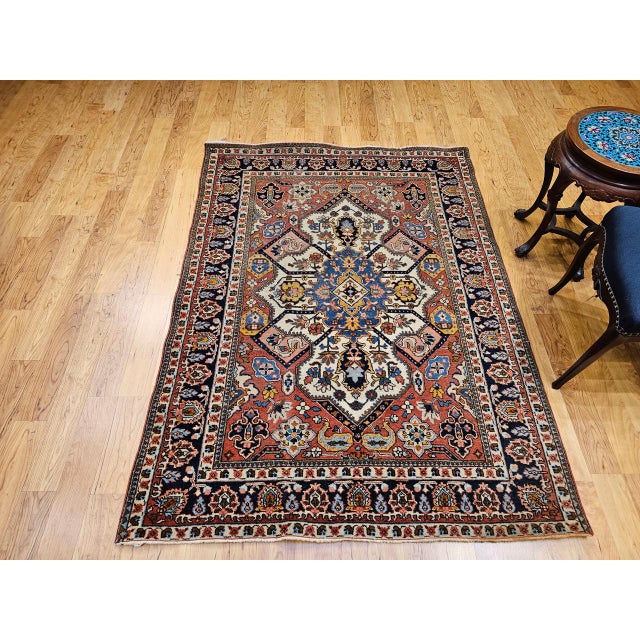 1900 - 1909 Vintage Persian Tabriz Area Rug, Hand-Knotted Wool, Heriz Geometric Pattern, Ivory & Red, 5x6 For Sale - Image 5 of 18