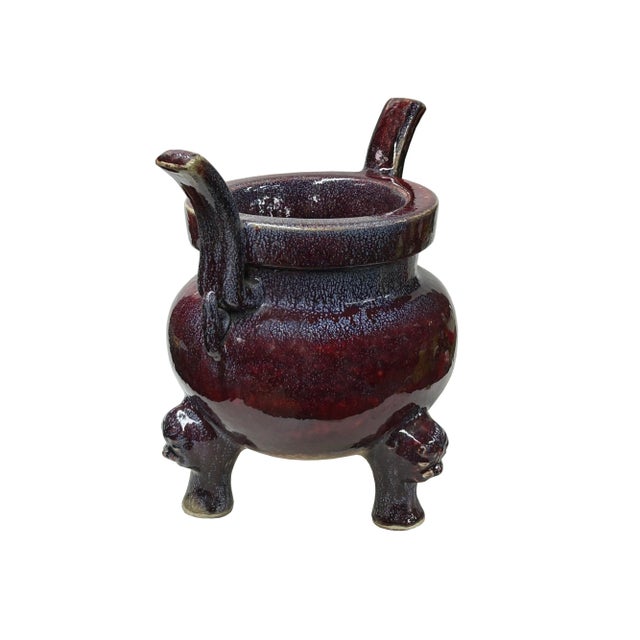 1970s Orient Flame Oxblood Red Tri-Leg Ding Shape Ceramic Vase Container For Sale - Image 5 of 10