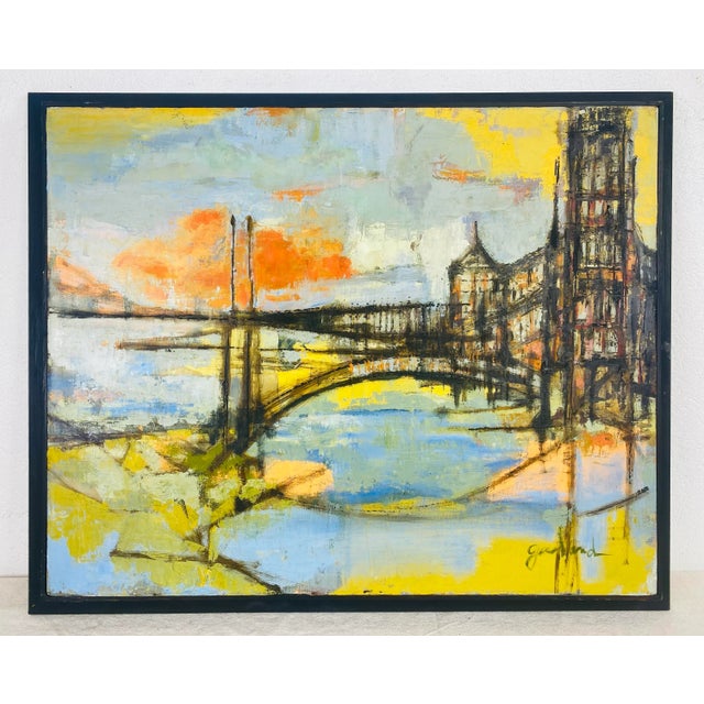 Mid Century Vintage Abstract Impressionist Cityscape Oil on Canvas. Signed Galand For Sale - Image 11 of 11