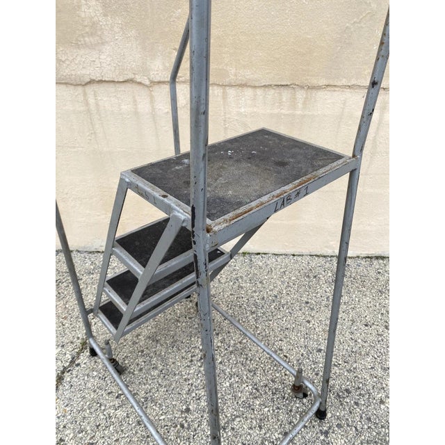 Vintage Ballymore Warehouse Garage 4 Step Metal Rolling Safety Ladder W/ Rails For Sale - Image 9 of 10