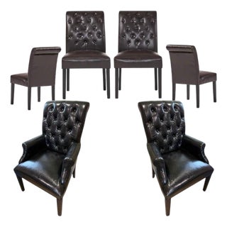 Bennett Roll-Back Restoration Hardware Black Chesterfield Leather Dining Armchair For Sale