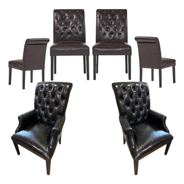 Bennett Roll-Back Restoration Hardware Black Chesterfield Leather Dining Armchair For Sale