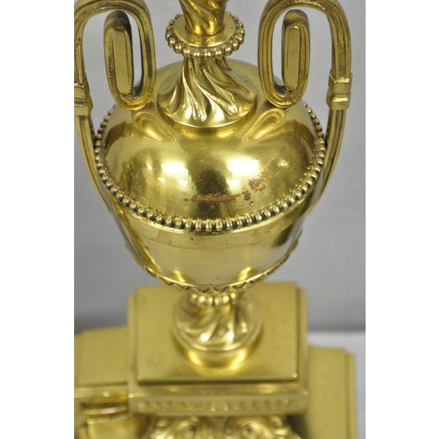Vintage French Empire Style Gold Brass Urn Fireplace Chenet Andirons - A Pair For Sale - Image 9 of 16