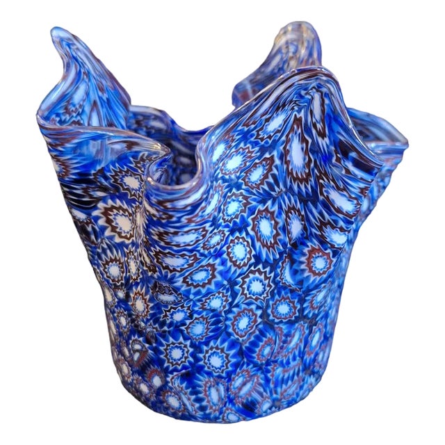 Vintage Italian Fazzoletto Vase in Blue Murano Glass with Individual Murrines, 1970s For Sale