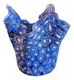 Vintage Italian Fazzoletto Vase in Blue Murano Glass with Individual Murrines, 1970s