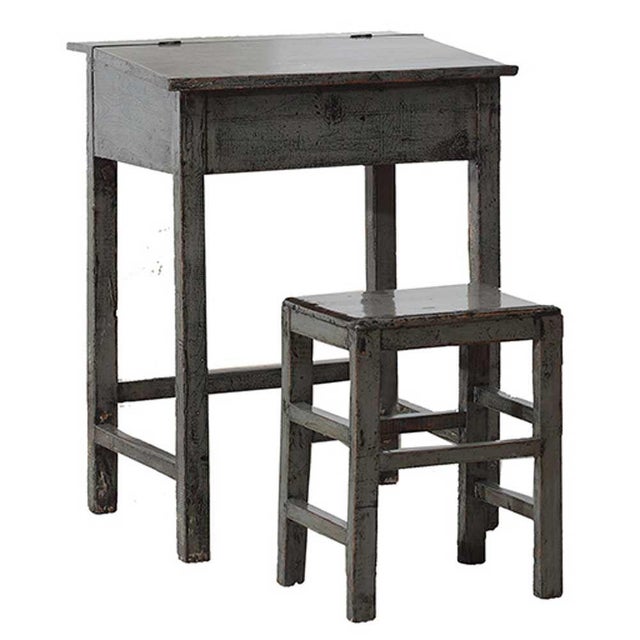 Antique Gray Lacquered Desk and Stool, Set of 2 For Sale - Image 4 of 4
