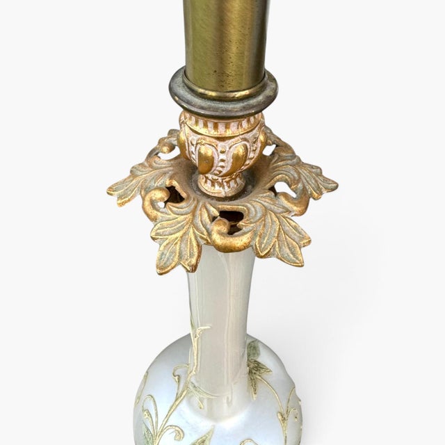 1960s Hollywood Regency Opalescent Art Glass & Gilded Brass Table Lamps - a Pair For Sale - Image 6 of 7