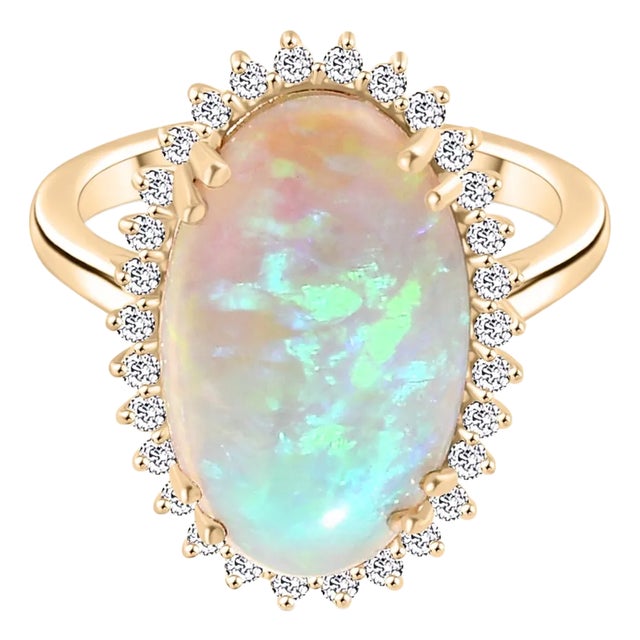 Fire Opal Cocktail Halo Diamond Ring in 14k Gold Ring Size 6 For Sale