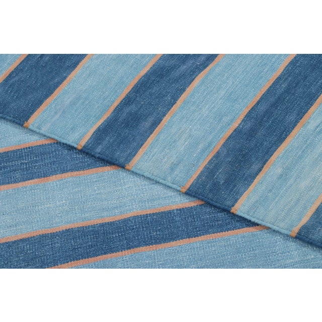 Vintage Dhurrie Rug With Navy and Sky Blue Stripes, Pink Accents - Rug & Kilim For Sale In New York - Image 6 of 7
